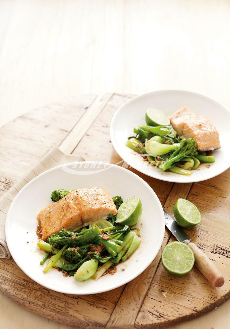 Soy & ginger wok-fried greens with roasted salmon