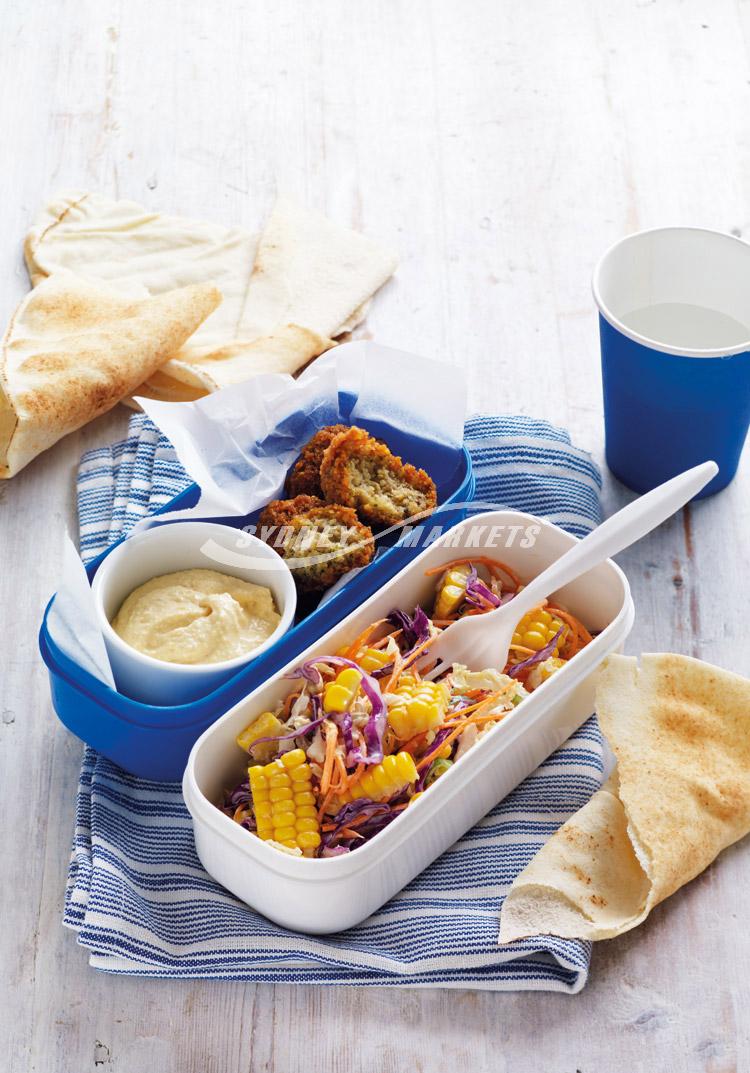 Sweetcorn & red cabbage slaw with falafels